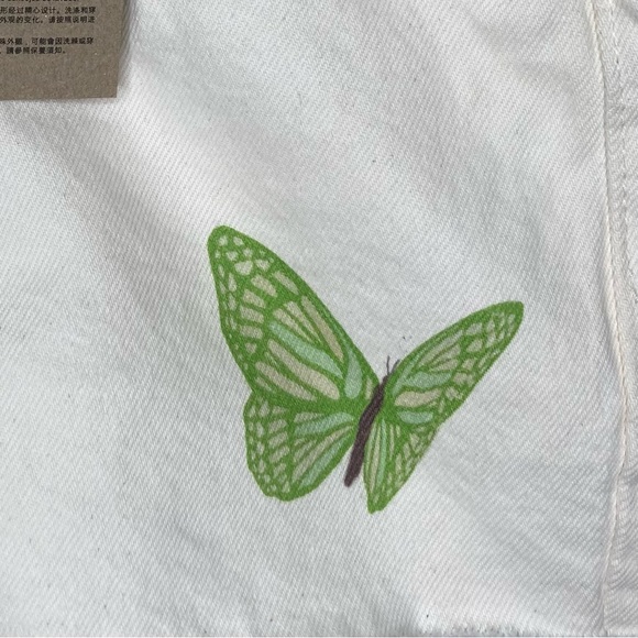 Levi 501 Denim Shorts 24” Cream Butterfly 🦋 Print High Rise Button Raw Edge - Picture 6 of 13